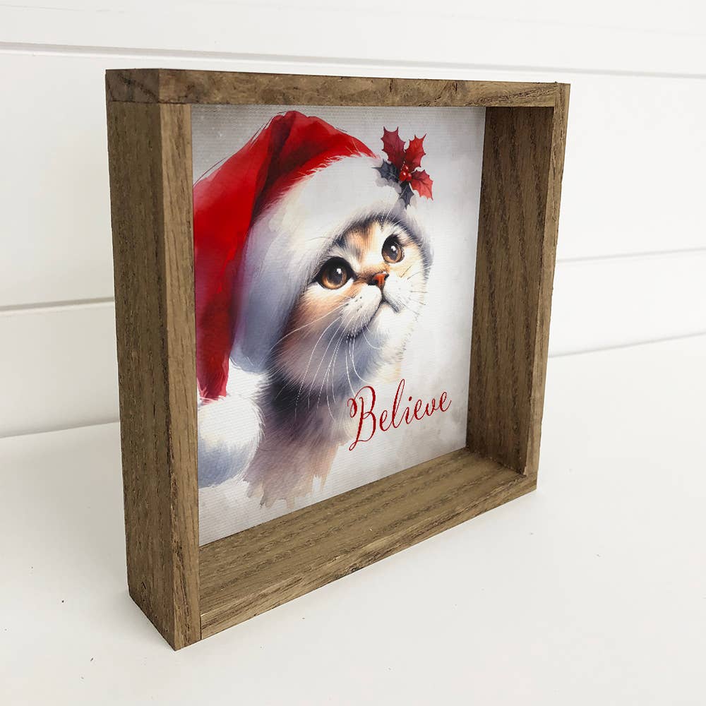 Believe Santa Cat - Lienzo decorativo con un bonito animal navideño - Enmarcado