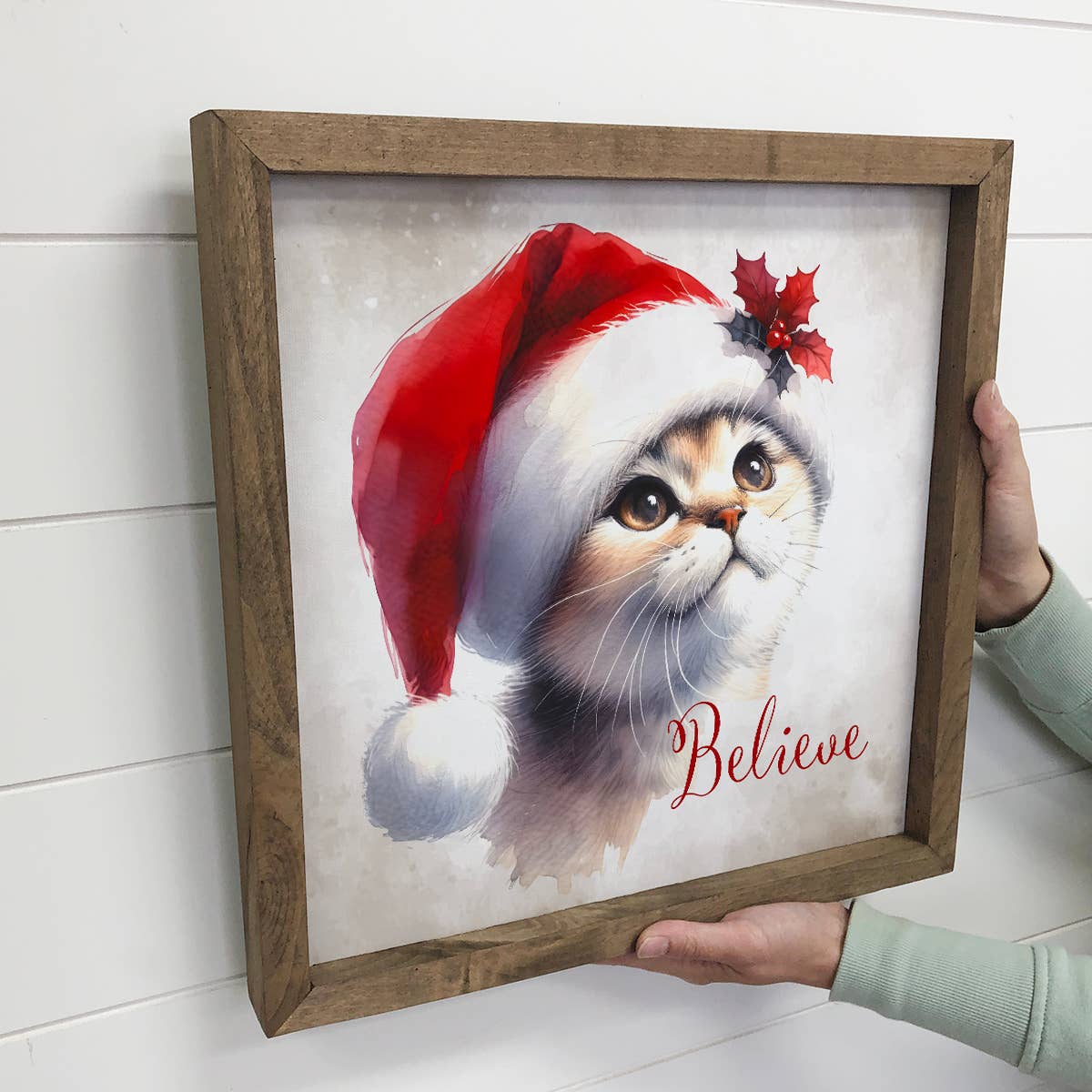 Believe Santa Cat - Lienzo decorativo con un bonito animal navideño - Enmarcado