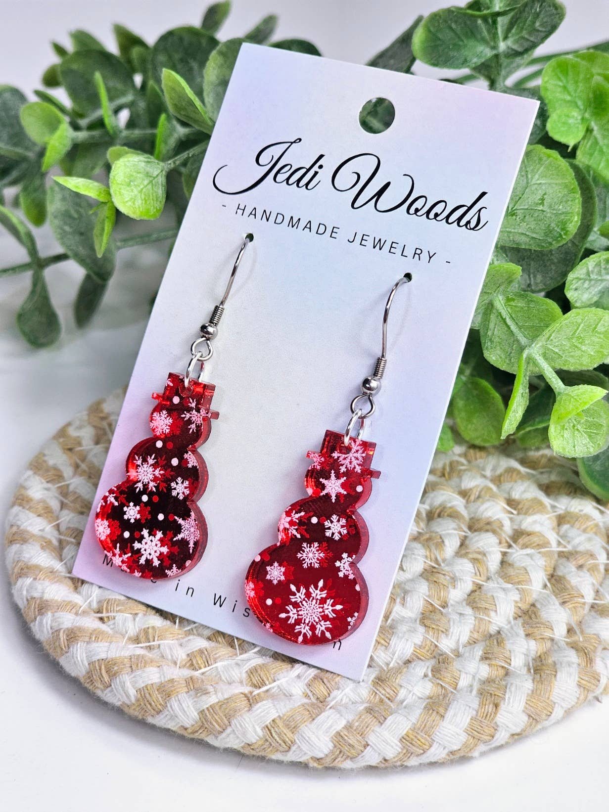 Red Mirror Snowmen Earrings - Snowflake Christmas Design