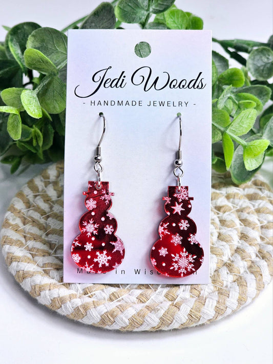 Red Mirror Snowmen Earrings - Snowflake Christmas Design