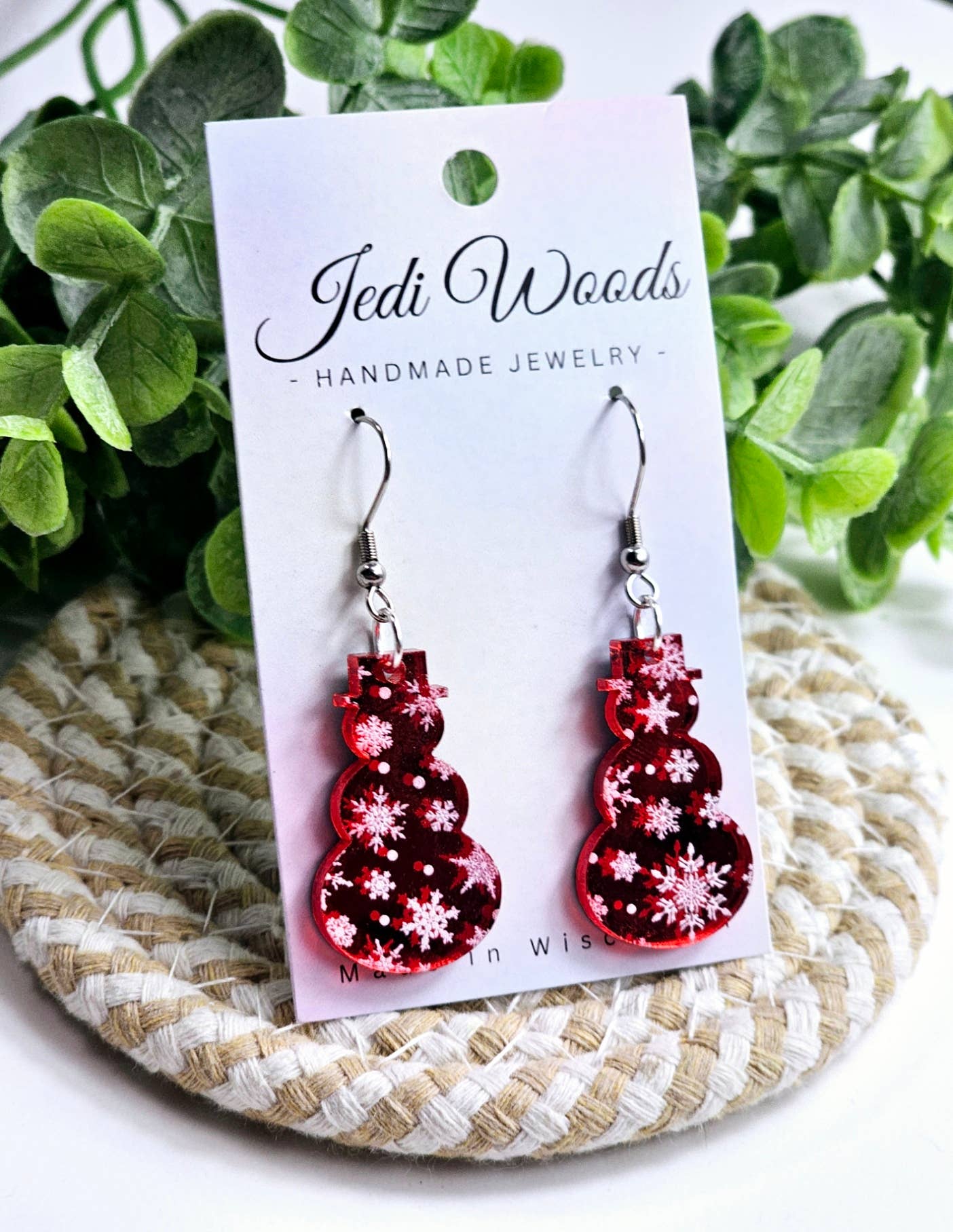 Red Mirror Snowmen Earrings - Snowflake Christmas Design