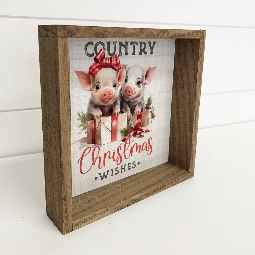 Country Christmas Wishes Pigs - Framed Holiday Canvas Art