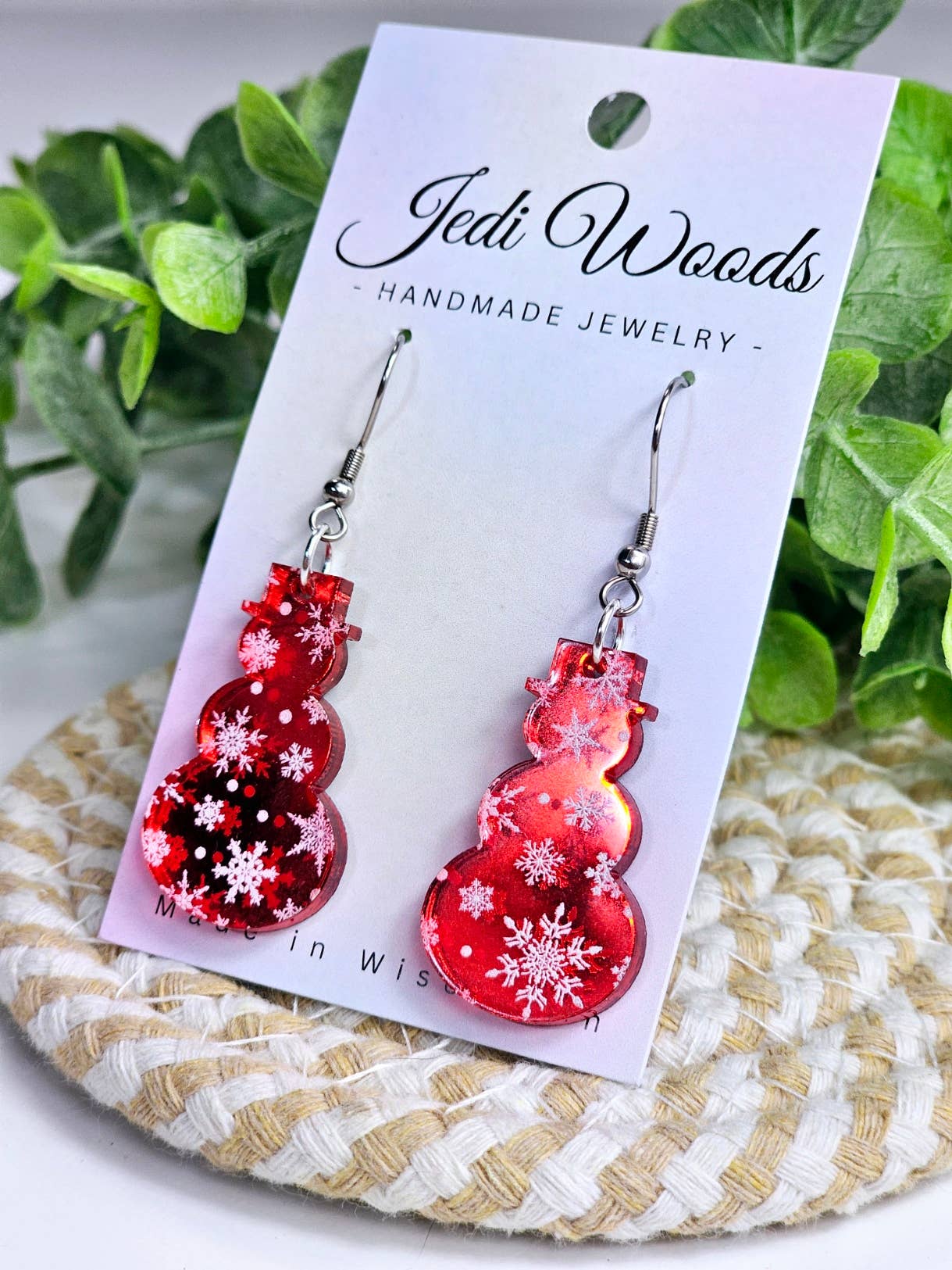 Red Mirror Snowmen Earrings - Snowflake Christmas Design