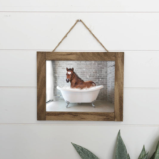 Horse in Bathtub Funny Bathroom Wood Sign Framed: 6x8" Small Canvas Art with Flat Wood Frame