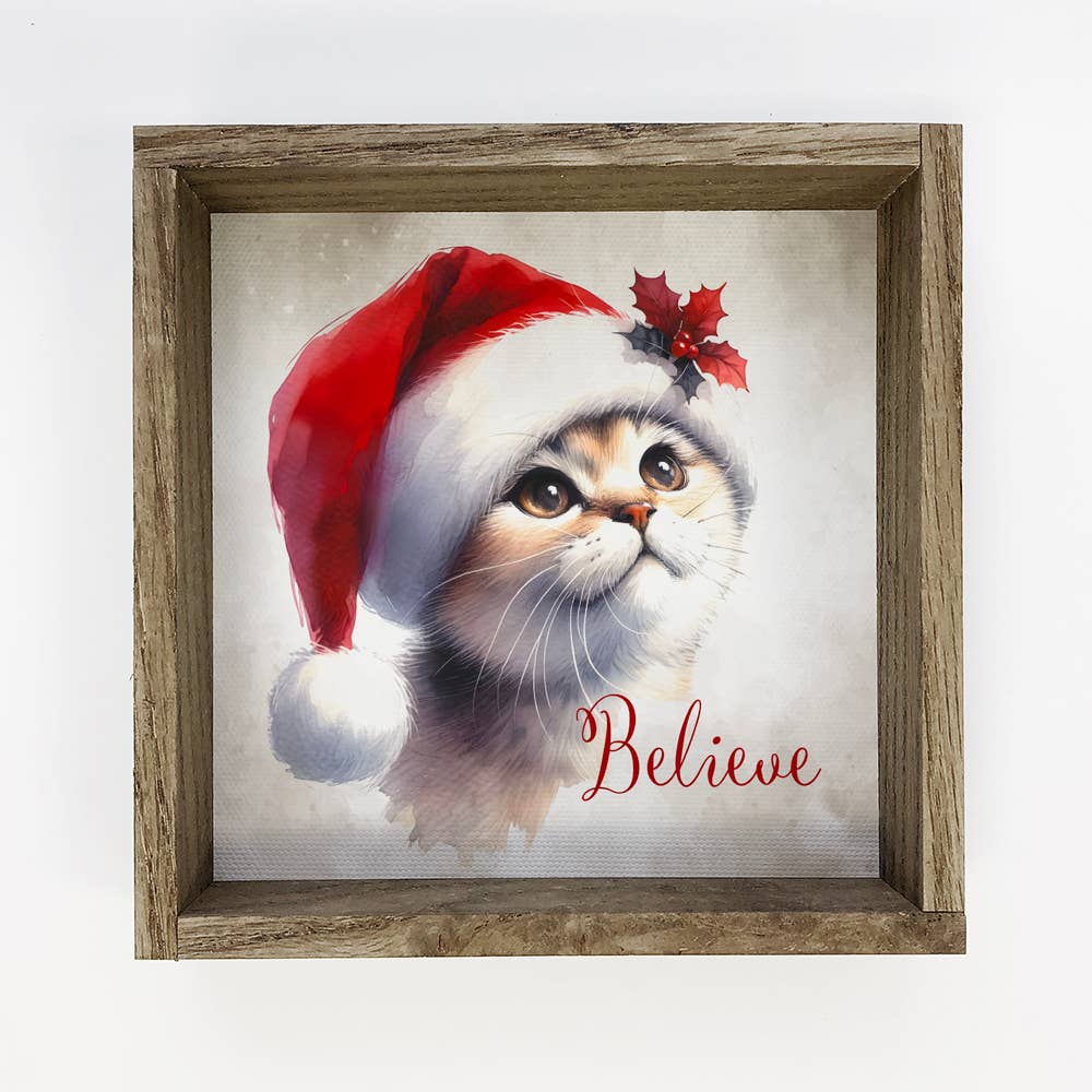 Believe Santa Cat - Lienzo decorativo con un bonito animal navideño - Enmarcado